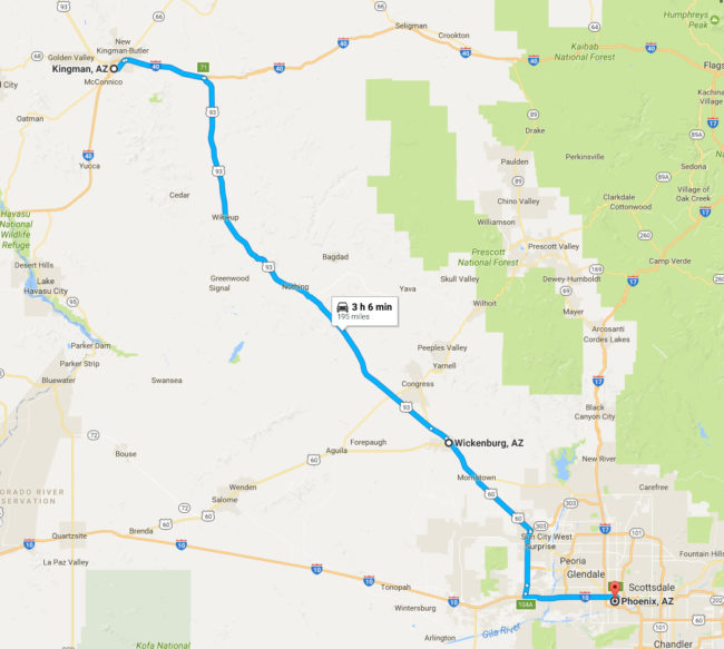 Our trip from Kingman to Phoenix with a stop in Wickenburg.