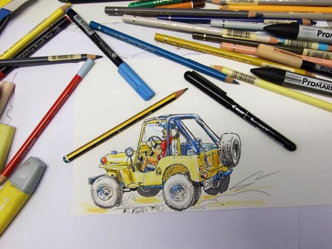 willys_cj3a_jeep_flatfender_4x4_vintage_cartoon_doodle_pencils_markers_foto_2